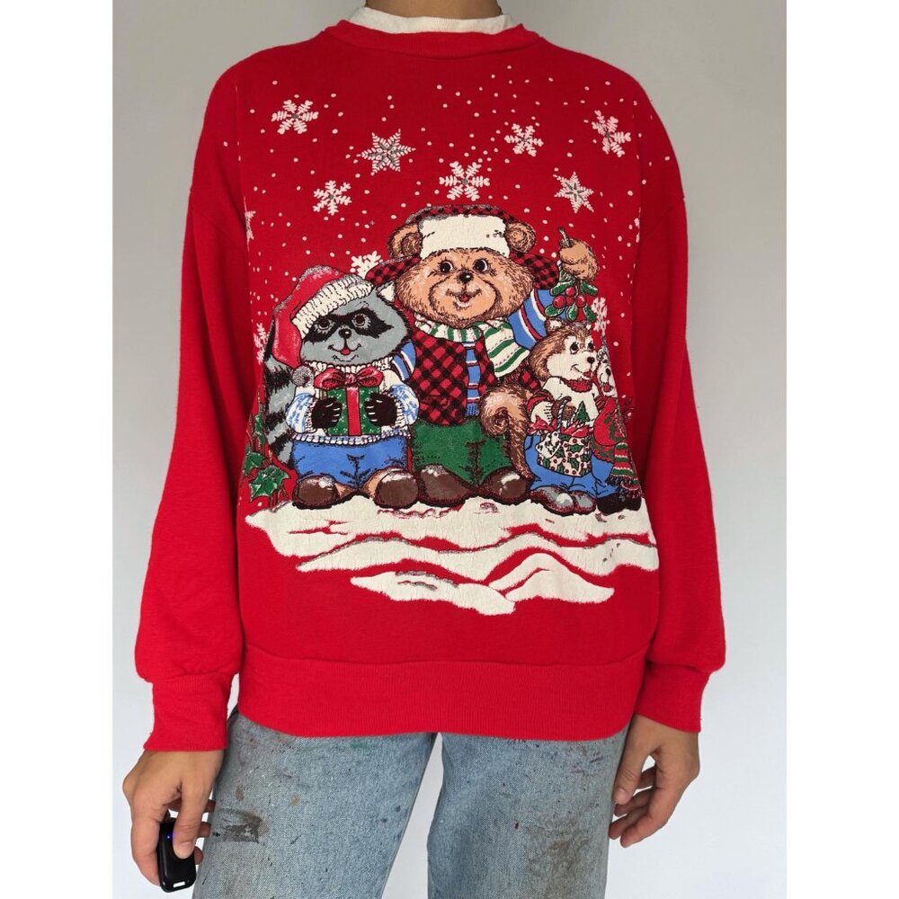 90s vintage red christmas festive holiday animal graphic pullover sweatshirt - Picture 2 of 8